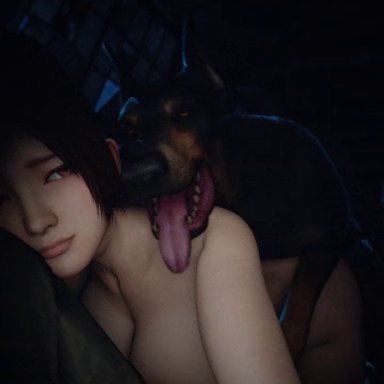 1girl, 3d, animated, bestiality, breasts, brown eyes, brown hair, canine, comandorekin, dog, doggy style, fatal fury, feral on female, king of fighters, long hair