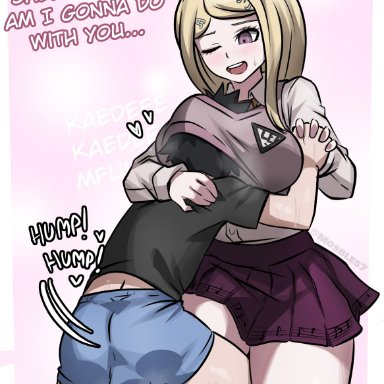 1boy, 1girls, akamatsu kaede, backsack, bulge, clothed sex, danganronpa, danganronpa v3, dialogue, dry humping, femdom, gentle femdom, head on breasts, head under clothes, holding hands