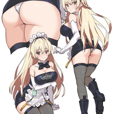 1girls, apron, ass, back bow, bangs, bare shoulders, black bow, black dress, black footwear, black legwear, black neckwear, blonde hair, boots, bow, bowtie