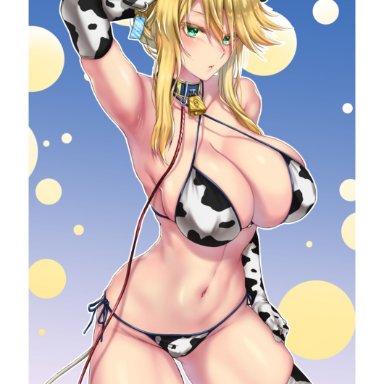 1girls, animal ears, animal print, artoria pendragon, artoria pendragon (lancer), bangs, bare shoulders, bell, big breasts, bikini, blonde hair, blush, braid, breasts, cleavage