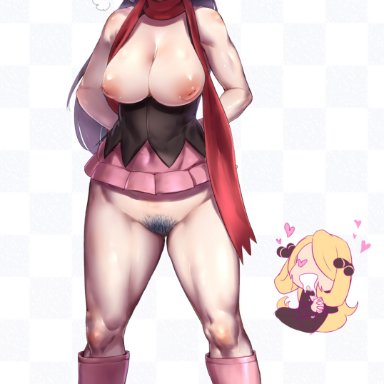 1girls, areolae, blush, breasts, cynthia (pokemon), dawn (pokemon), female, female only, iku (ikuchan kaoru), nintendo, nipples, pokemon, pubic hair, solo