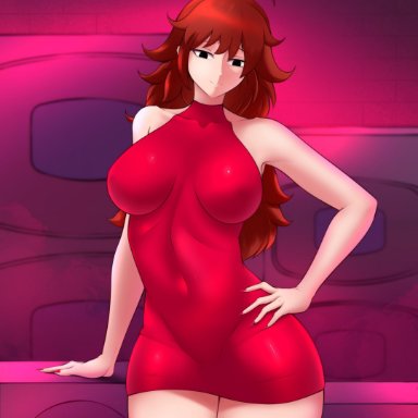 black eyes, breasts, brown hair, dress, fingernails, fraankyy, friday night funkin, friday night funkin', girlfriend (friday night funkin), hand on hip, high resolution, knee up, large breasts, leaning on object, leaning to the side