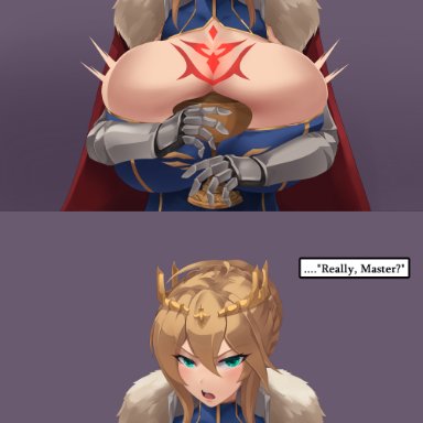 1:2, 1girls, artoria pendragon, artoria pendragon (lancer), big breasts, blonde hair, breast expansion, cleavage, fate (series), fate/grand order, female, female only, green eyes, holding breasts, holy grail (fate)