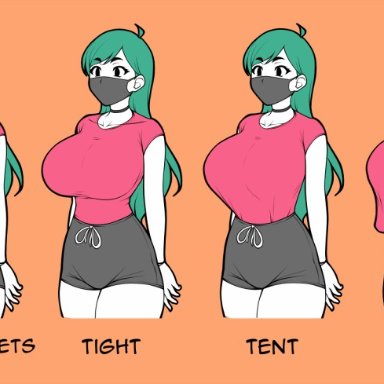 big breasts, curvy, green hair, huge breasts, jam-orbital, large breasts, long hair, loose clothes, mask, round breasts, shorts, thick, thick thighs, thin, thin waist