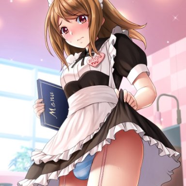 1boy, blush, brown hair, bulge, cafe, closed mouth, crossdressing, dress, dress lift, eyebrows visible through hair, eyelashes, femboy, garter straps, girly, lace