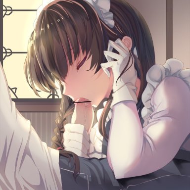 1boy, backlighting, bangs, bar censor, bloom, braid, brown hair, censored, closed eyes, clothed sex, erection, eyebrows visible through hair, fellatio, female, frills