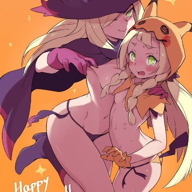 2girls, alternate costume, ass, bikini, bikini bottom, black bikini, blonde hair, blush, boots, braid, breasts, game freak, gloves, green eyes, halloween