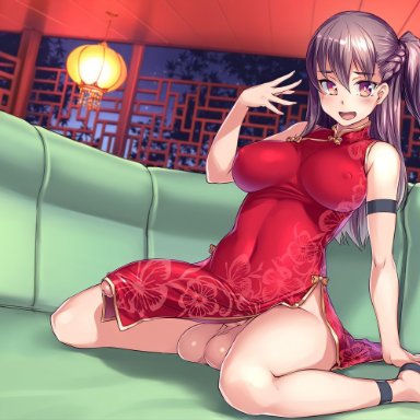 1futa, abs, balls, big breasts, big penis, blush, bosshi, china dress, chinese clothes, clothed, couch, dark hair, dress, erect nipples, erection under clothes