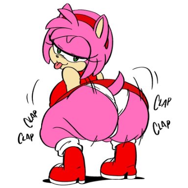 amy rose, anonymous artist, anthro, ass, big butt, blep, blush, clothed, clothing, crouching, eulipotyphlan, female, footwear, green eyes, hedgehog