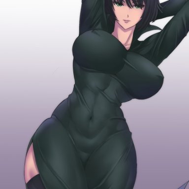 arms behind head, arms up, bangs, black dress, black hair, black legwear, blunt ends, breasts, breasts apart, closed mouth, covered navel, covered nipples, dress, eyebrows visible through hair, eyelashes