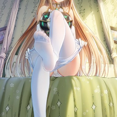 artist name, bangs, bare shoulders, blonde hair, breasts, closed mouth, commentary request, curtains, dress, elbow gloves, eyebrows visible through hair, eyes visible through hair, feet, female, female focus