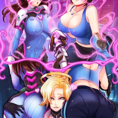 3girls, ass, cleavage, d.va, groping, hmage, hypnosis, mei (overwatch), mercy, mind control, nipple bulge, overwatch, tagme, tight clothing, yuri