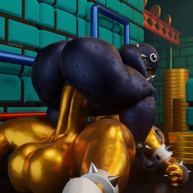 1futa, 3d, animated, anthro, black body, black skin, blender, chain chomp, futa on female, futanari, gold (metal), huge balls, huge breasts, huge butt, huge cock