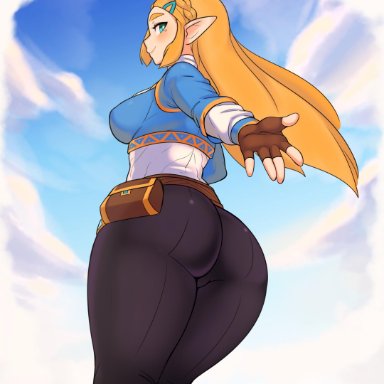 ass, breasts, breath of the wild, fully clothed, leggings, looking back, nintendo, princess zelda, shnibbles, sideboob, the legend of zelda, the legend of zelda: breath of the wild, thick ass, thick thighs, thighs