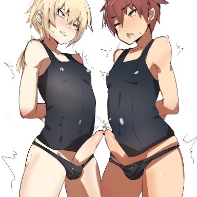 2boys, balls, bare shoulders, black schoolgirl swimsuit, blonde, blonde hair, blush, blushed, boner, brown hair, covered balls, crossdressing, femboy, flat chest, flat chested