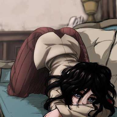 1girls, ass, attack on titan, black hair, couch, female, lordguyis, lying, pieck finger, shingeki no kyojin, top-down bottom-up