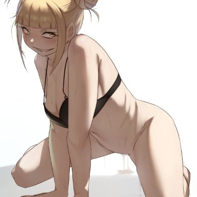 1girls, blush, bottomless, bra, breasts, cleavage, female, female only, himiko toga, kasseusmaximus, my hero academia, pussy juice