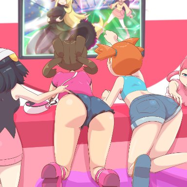 4:3 aspect ratio, 6+girls, 6girls, ass, bag, black hair, blonde hair, blue eyes, blue hair, blush, brown hair, crop top, cynthia (pokemon), dark skin, dawn (pokemon)