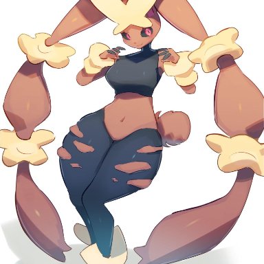 female, female only, game freak, lopunny, mega lopunny, nintendo, pokemon, pokémon (species), red eyes, ripped pants, simple background, solo female, tagme, thick thighs, unknown artist