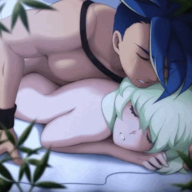 2boys, anal, anal sex, animated, animated gif, bare arms, bare back, bare chest, bare shoulders, blue hair, eyes closed, femboy, galo thymos, gay, gif