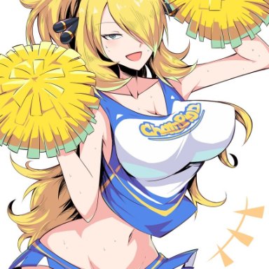 1girls, blonde hair, breasts, cheerleader, cheerleader uniform, cleavage, clothed, clothed female, clothes, collarbone, cynthia (pokemon), female, female focus, female only, fully clothed