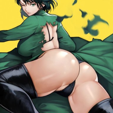 absurdres, ass, black panties, boots, bra strap, breasts, commentary request, dress, female, from behind, fubuki (one-punch man), green dress, green eyes, high heels, highres