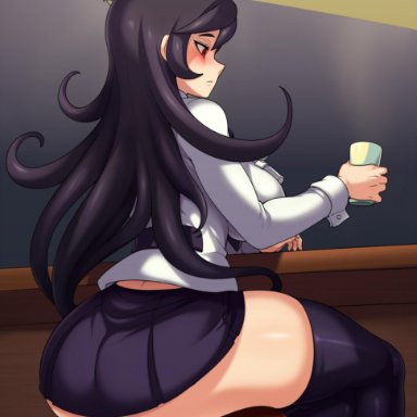 1girls, absurd res, ass, bar, black hair, black legwear, black skirt, breasts, cup, female, filia (skullgirls), hi res, jmg, large breasts, long hair