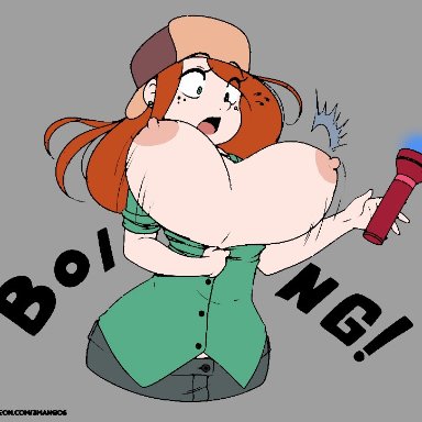 1girls, 2015, 3mangos, bouncing breasts, breasts, clothing, disney, female, female only, freckles, gravity falls, grey background, hat, huge breasts, human