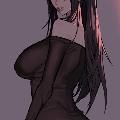 1girls, bare shoulders, black hair, clothing, curvaceous, ennuigrl, female, female only, grey background, high ponytail, hourglass figure, long hair, looking at viewer, looking back, narrowed eyes