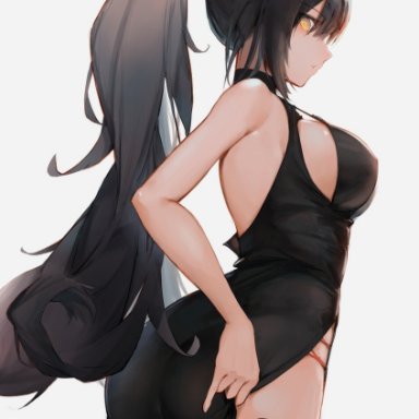 1girls, animal ears, arknights, ass, bikini bra, bikini top, bikini under clothes, black dress, bra, collar, dress, eyyy, feline, female, female only