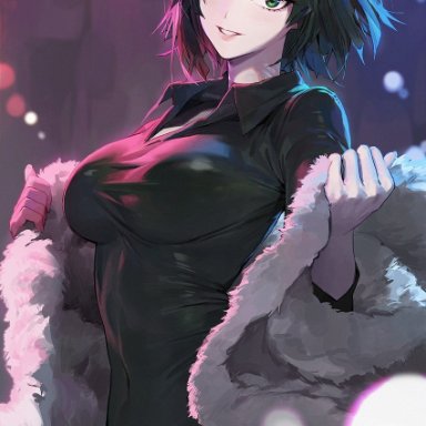 bangs, black hair, breasts, collared dress, commentary request, covered navel, dress, female, fubuki (one-punch man), fur coat, green dress, green eyes, highres, holding coat, large breasts