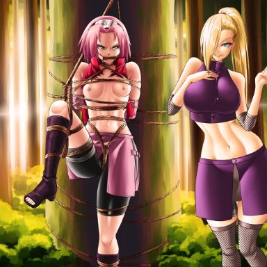 angry, bondage, breasts, bsdm, clothing, evildei, exposed breasts, female, female only, femdom, ino yamanaka, muzzle (object), naruto, naruto shippuden, outdoors