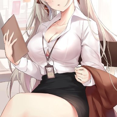 azur lane, bangs, bare legs, black skirt, blush, bra, bra peek, breasts, button gap, buttons, chair, cleavage, collarbone, collared shirt, dress shirt