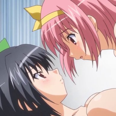 :o, 16:9 aspect ratio, 2010s, 2girls, animated, ass, bangs, bed, black hair, blush, bouncing breasts, bow, breast grab, breast press, breast-to-breast