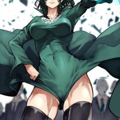 black hair, black legwear, breasts, cameltoe, chain necklace, covered navel, covered nipples, crowd, dress, dress lift, female, floating rock, fubuki (one-punch man), glowing, glowing hand