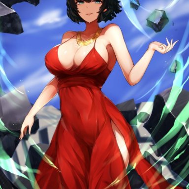 absurdres, alternate costume, bare shoulders, black hair, blue sky, breasts, cleavage, commentary request, day, debris, dress, female, fubuki (one-punch man), green eyes, highres