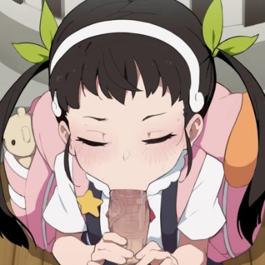 :>=, 1boy, 1girls, backpack, bag, bakemonogatari, black hair, blowjob, blowjob face, closed eyes, erection, fellatio, hachikuji mayoi, hairband, kakure eria