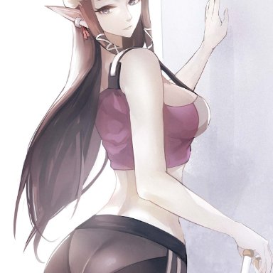 ass, big breasts, breasts, brown hair, leggings, long hair, looking at viewer, looking back, midriff, pointy ears, princess zelda, sideboob, sword, the legend of zelda, thick ass