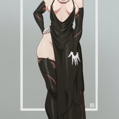 1girls, big breasts, breasts, cleavage, female, female only, large breasts, nier, nier: automata, rizdraws, solo, thick thighs, thighhighs, wide hips, yorha 2b