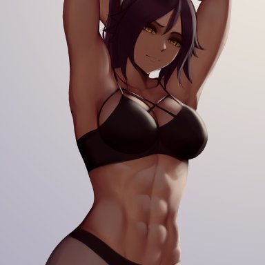 1girls, abs, big breasts, bleach, dark-skinned female, muscular female, ponytail, purple hair, shihouin yoruichi, solo female, stockings, yellow eyes, zaki btw