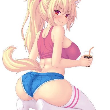 1girls, animal ears, ass, blonde hair, breasts, denim shorts, female, female only, kneeling, large breasts, licking lips, looking at viewer, looking back, red eyes, short shorts