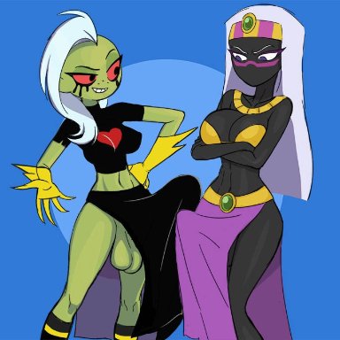 2futas, balls, big penis, breasts, clothed, clothing, duck dodgers, duo, erection under clothes, erection under loincloth, futa only, futanari, gloves, humanoid, loincloth