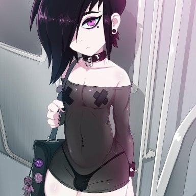 1boy, 2021, artist signature, collar, eyeliner, femboy, goth, hair over one eye, lavey, laveythetrap, looking at viewer, male, male only, navel piercing, nipple tape