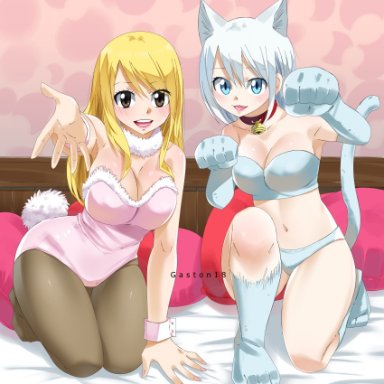 2girls, animal ears, artist name, bed, blonde hair, blue eyes, blush, bra, bracelet, brown eyes, bunny girl, bunny suit, bunny tail, cat ears, cat paws