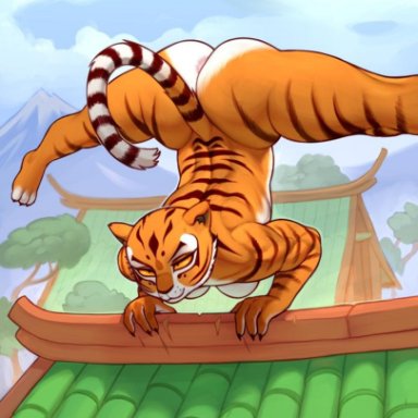 dreamworks, kung fu panda, master tigress, chelodoy, anthro, anus, ass, balancing, big butt, brown body, felid, female, flexible, mammal, multicolored body