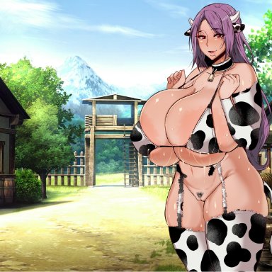 animal ears, areolae, bell collar, bikini, breasts, bursting breasts, cow girl, cow print, cow print bikini, cowbell, horns, huge breasts, lactation, large areolae, long hair