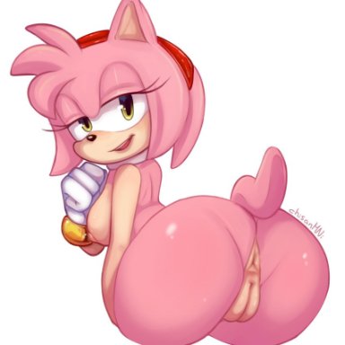 1girls, 2021, 5 fingers, amy rose, animal ears, anthro, anthrofied, anus, ass, bent over, big ass, big butt, black nose, bracelets, breasts
