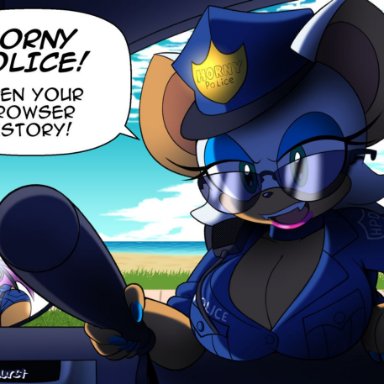 1girls, anthro, bat wings, big breasts, breasts, cleavage, english text, furry, glasses, horny police, huge breasts, large breasts, meme, omegasunburst, police