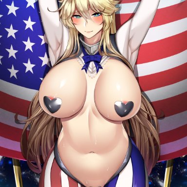 1girls, absurdres, american, american flag, american flag legwear, animal ears, areola slip, areolae, arms up, asymmetrical legwear, bangs, big breasts, blonde hair, blue eyes, blush