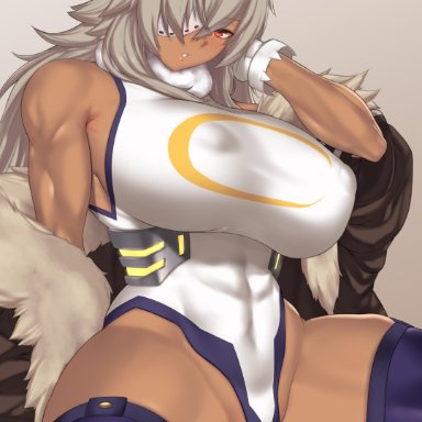 1girls, absurd res, animal ear fluff, animal ears, aster crowley, bare shoulders, breasts, chair, coat, dark skin, dark-skinned female, erect nipples, erect nipples under clothes, eyepatch, female